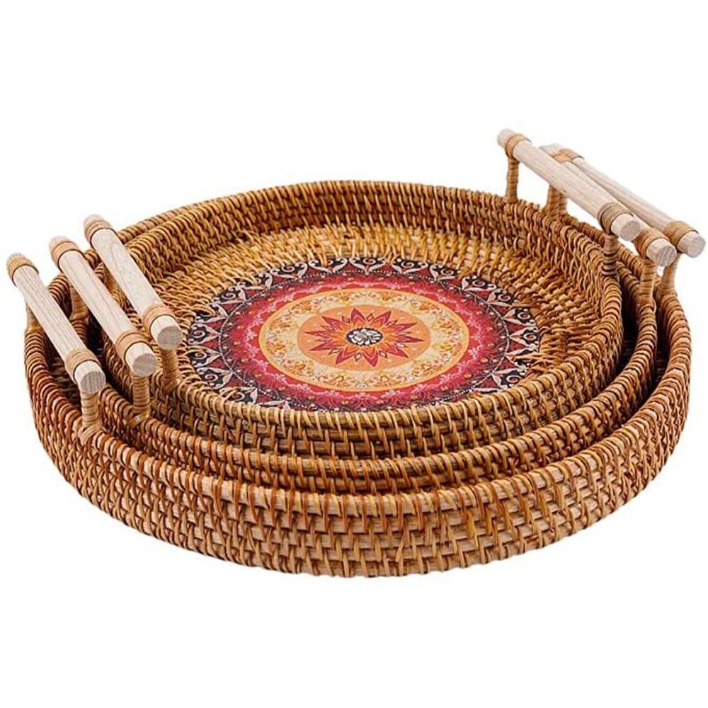 Round sunburst rattan tray with two wooden handles – multiple views