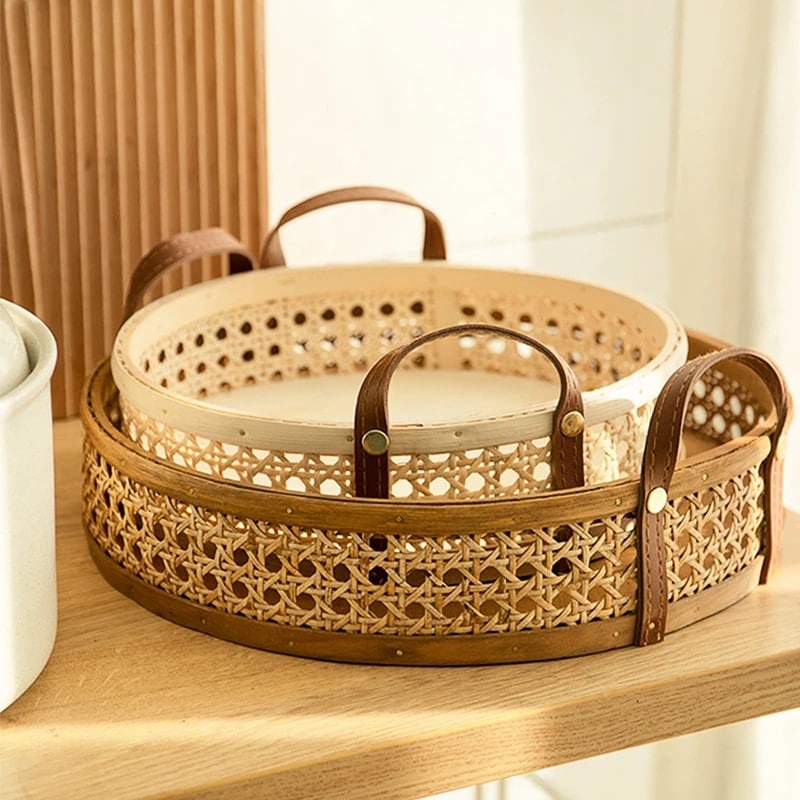 Nordic handwoven rattan tray with integrated handles – shown in a room setting (2)