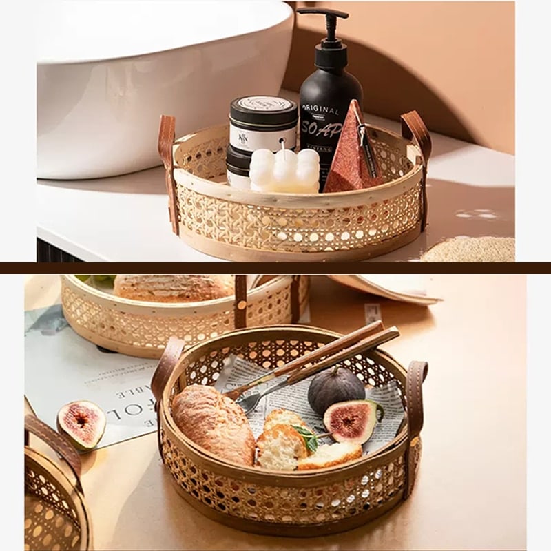 Nordic handwoven rattan tray with integrated handles – shown in a room setting (3)