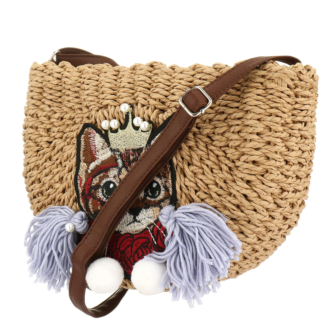 Woven rattan clutch with a cat motif – another view