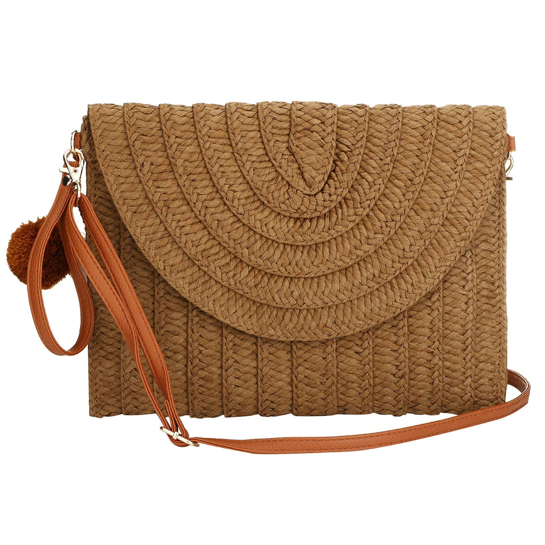 Square woven clutch with a contrasting geometric pattern – brown variant