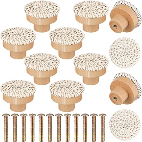 Beige cabinet pull with rattan tightly wrapped around a wood core – 12 variant, multiple views