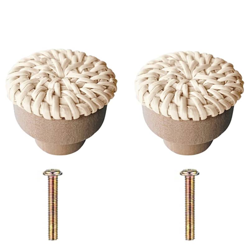 Beige cabinet pull with rattan tightly wrapped around a wood core – 2 variant, multiple views