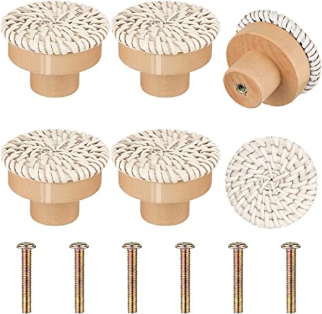 Beige cabinet pull with rattan tightly wrapped around a wood core – 6 variant, multiple views