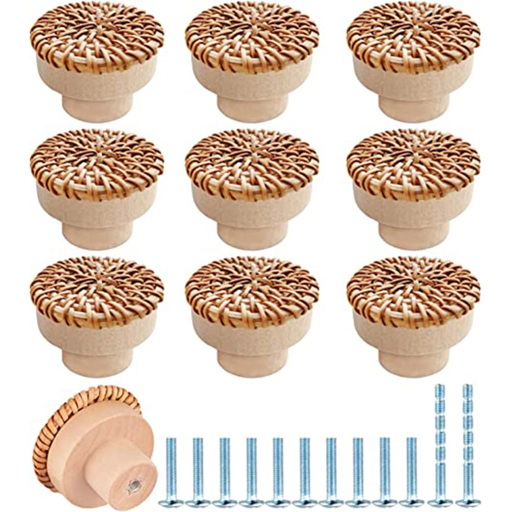 Natural wood and braided rattan drawer pull with soft curves – 10 variant, multiple views