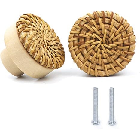 Natural wood and braided rattan drawer pull with soft curves – 2 variant, multiple views