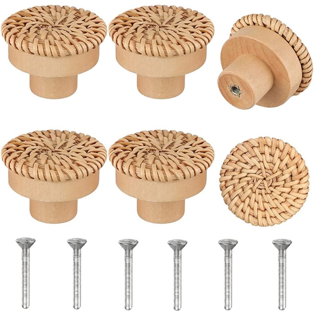 Natural wood and braided rattan drawer pull with soft curves – 6 variant, multiple views