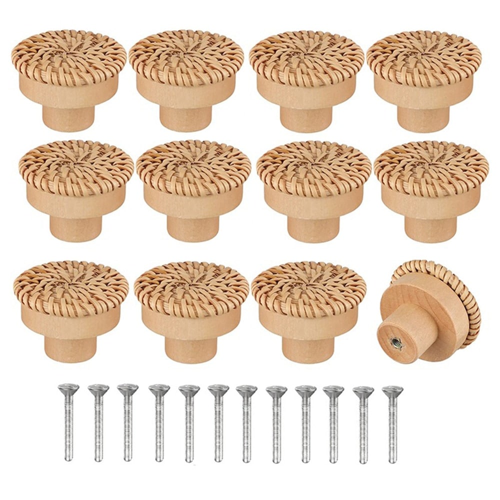 Natural wood and braided rattan drawer pull with soft curves – multiple views