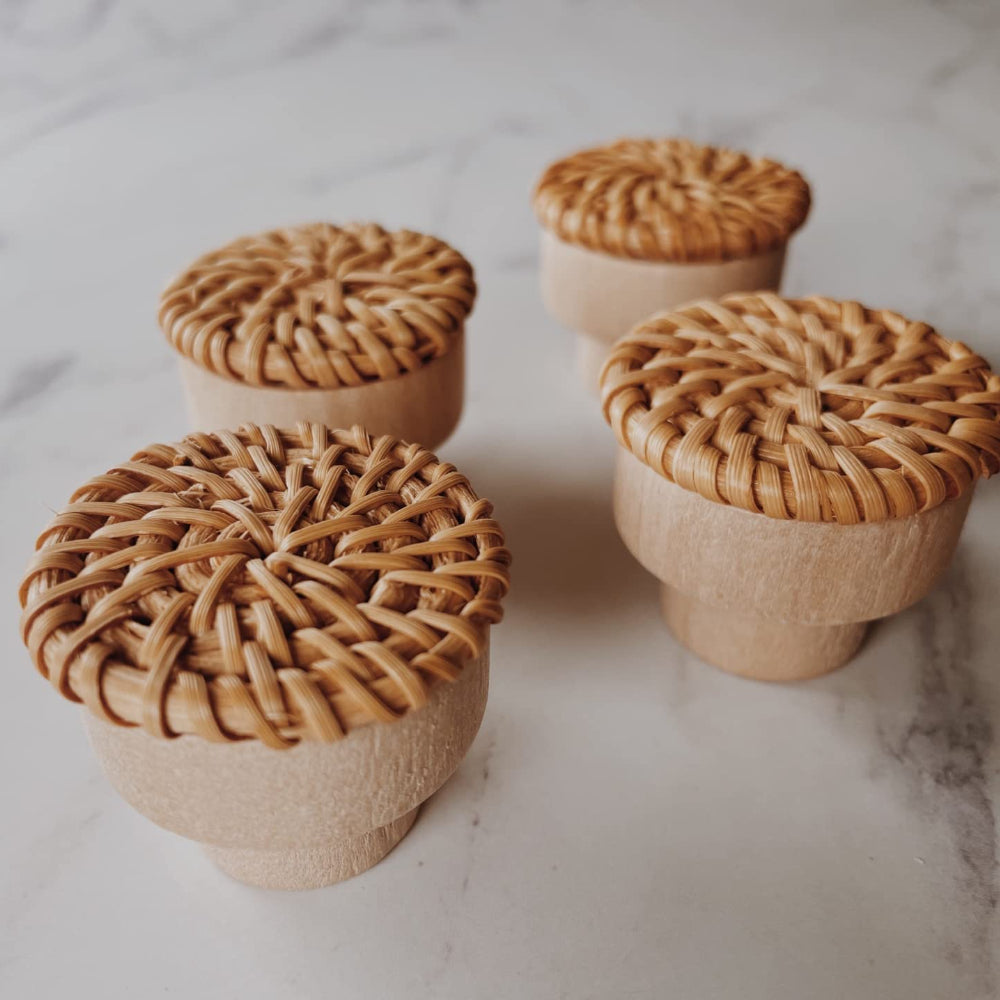 Set of ten beech and natural rattan knobs – multiple views (3)
