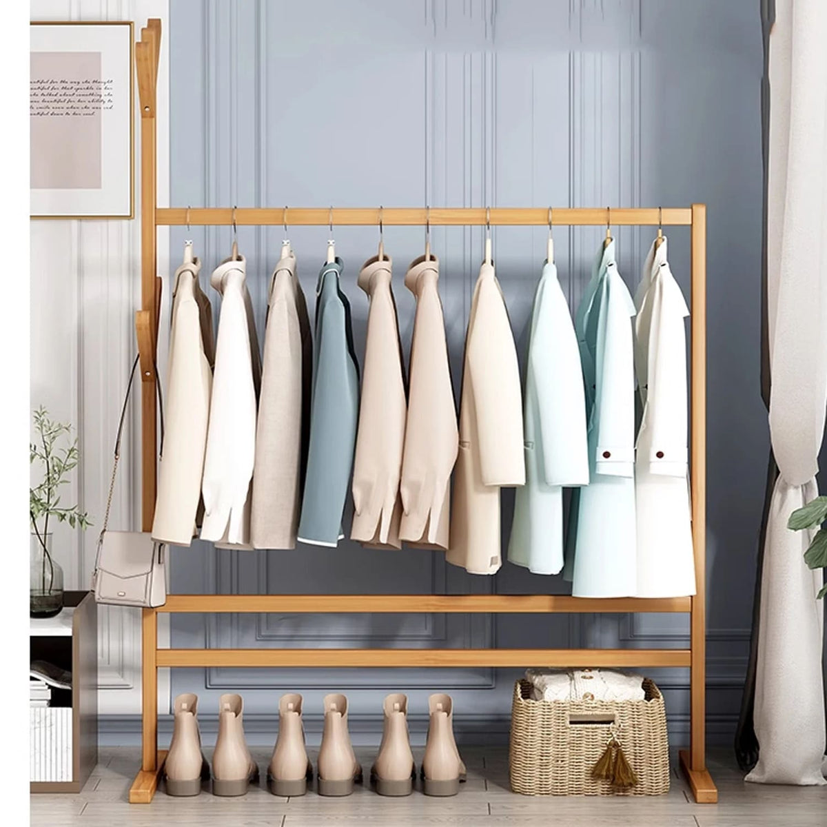 Tree branch wooden coat rack with multiple forks – shown in a room setting