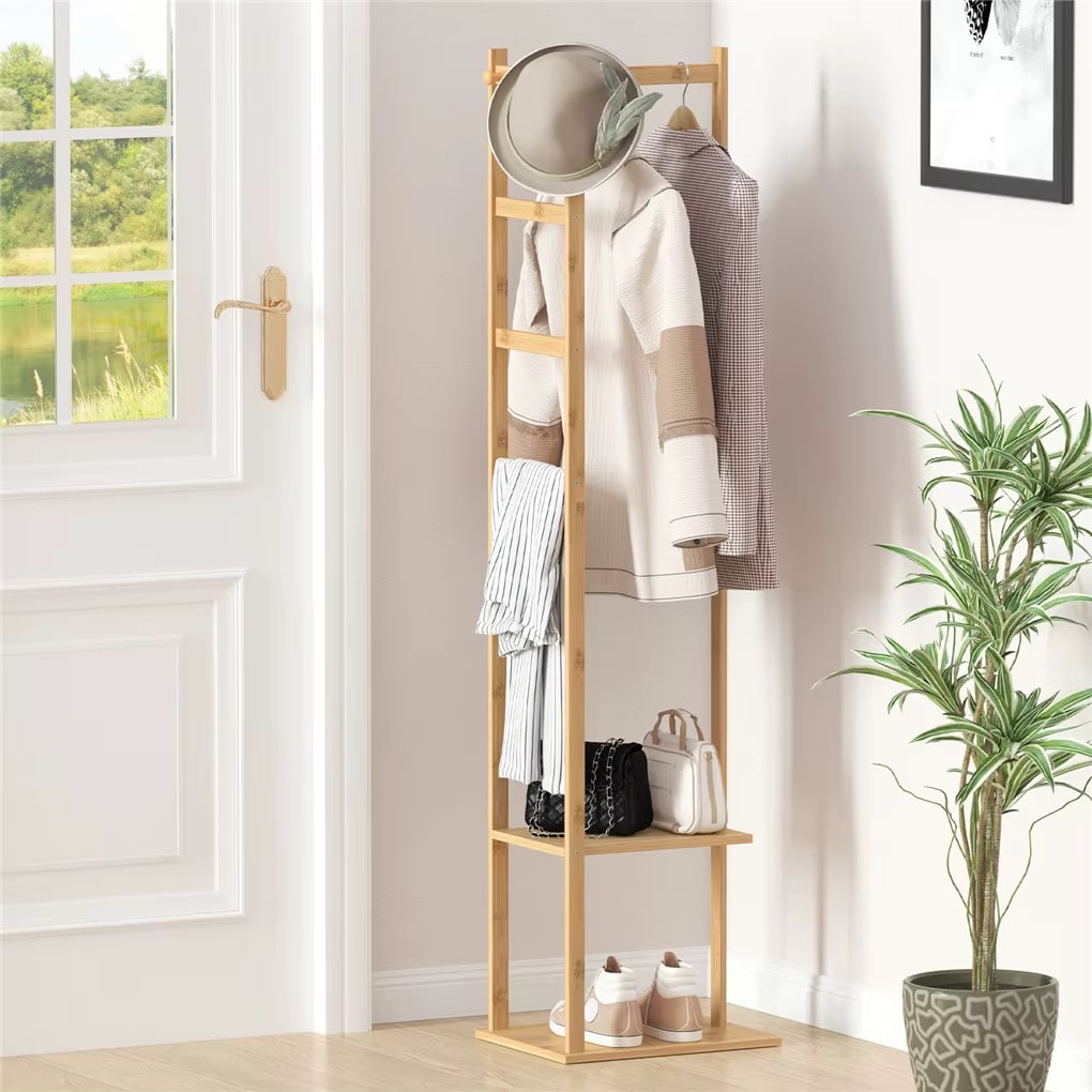 Sturdy vertical bamboo coat rack in warm beige – shown in a room setting