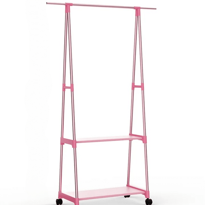 Pink two-tier rolling clothing rack with wood-look uprights