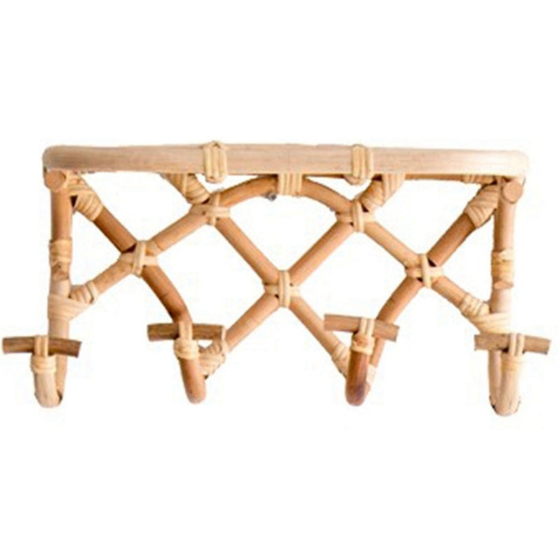 Crossed rattan wall coat rack with a top shelf and four hooks