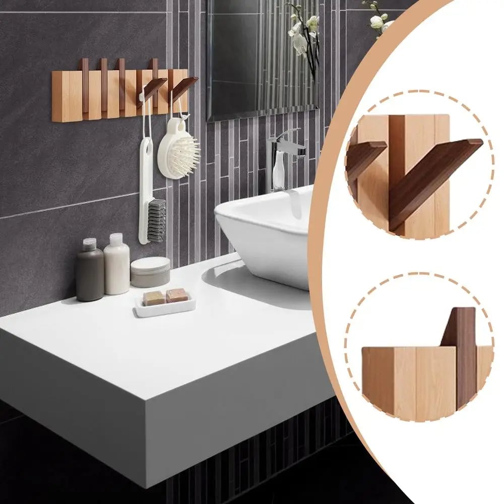 Wooden piano key wall hook rack with flip-down hooks – multiple views