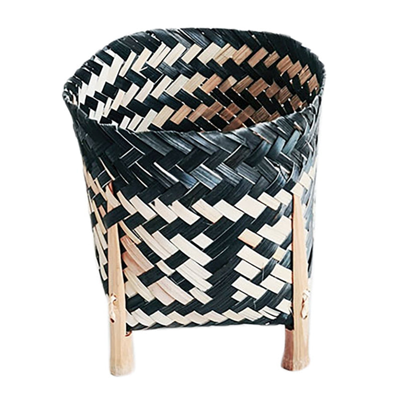 Slender two-tone black and natural rattan planter