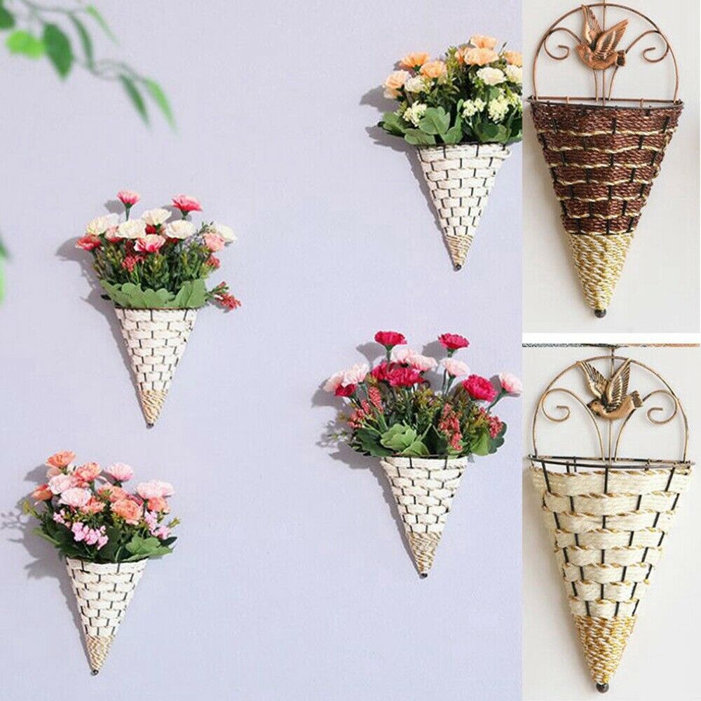 Round hand-braided natural rattan wall planter – shown in a room setting