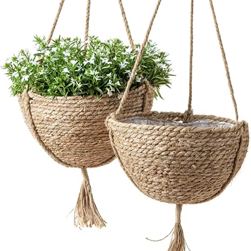 Boho hanging rattan planter with a rounded shape