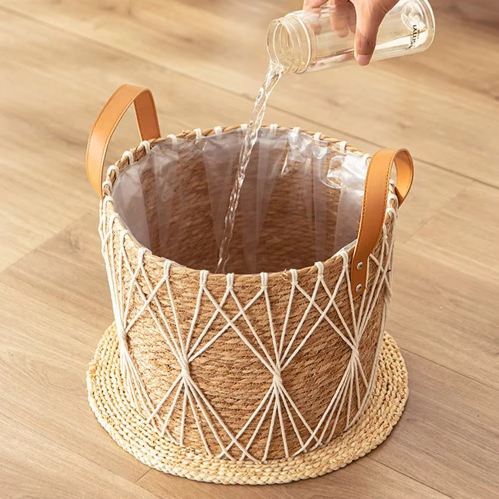 Round rattan planter with a light fabric lining