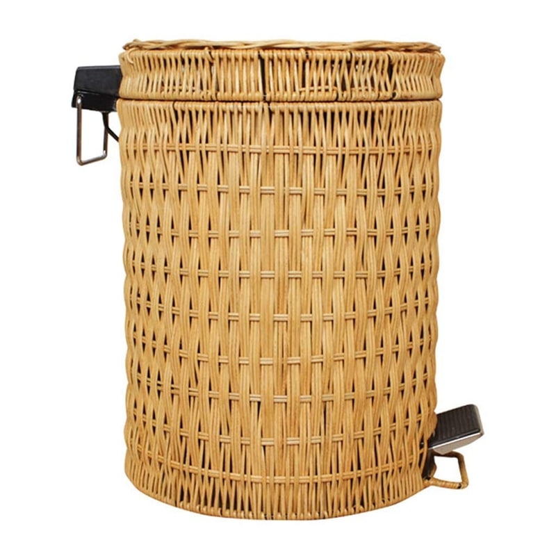 Woven rattan trash can with a foot pedal