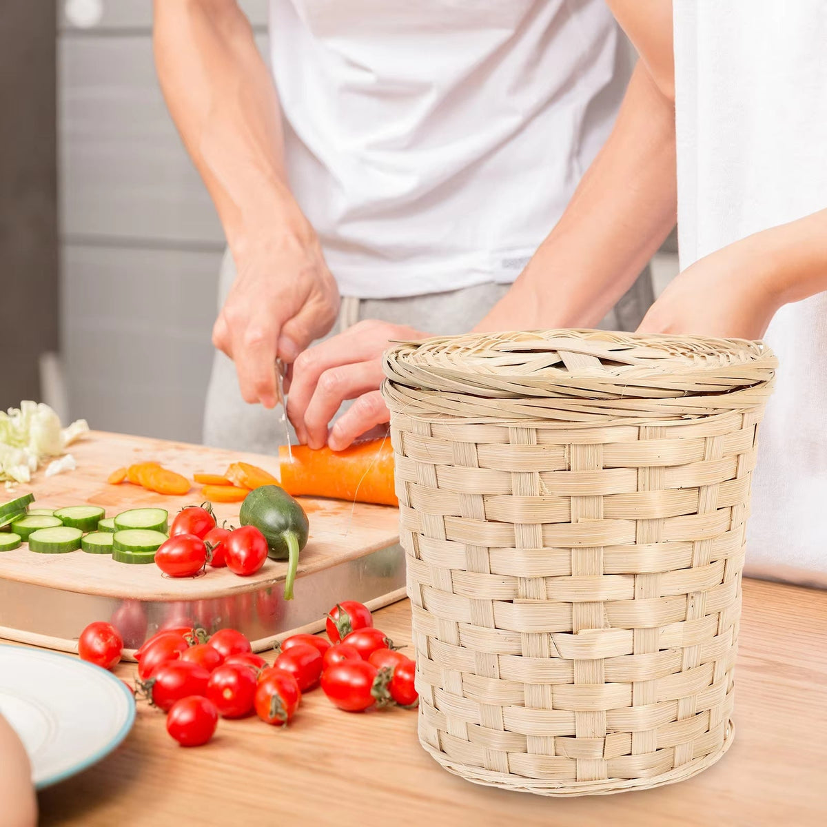 Round hand-braided woven wastebasket with a lid – shown in use