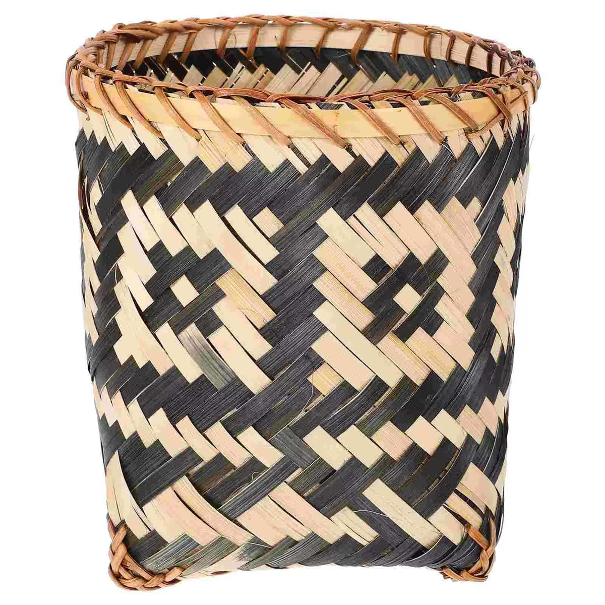 Cylindrical woven wastebasket with a beige and dark geometric pattern