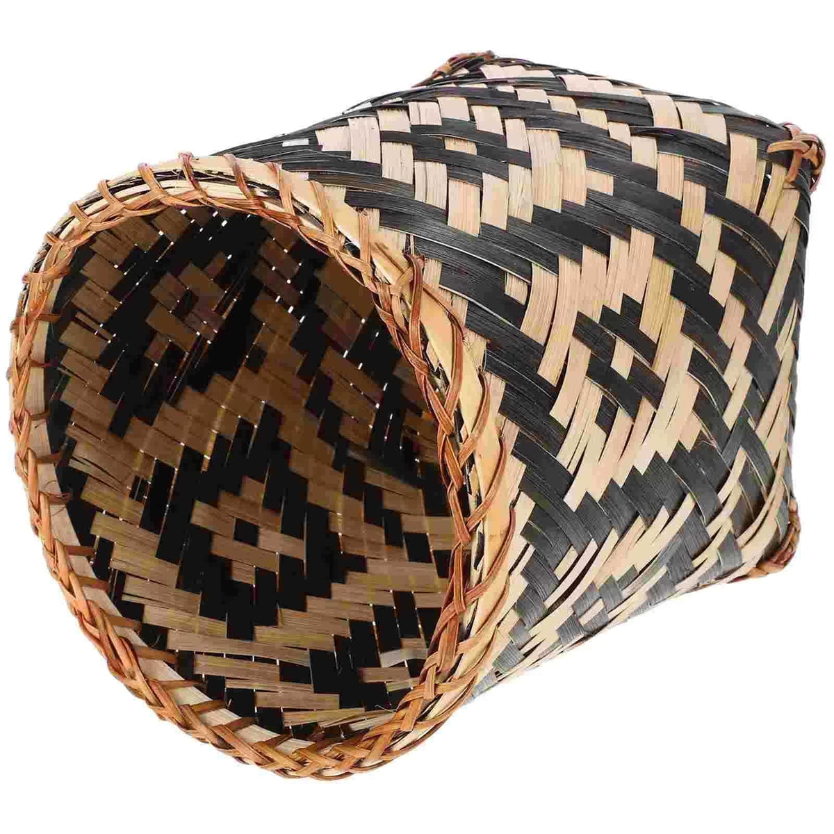 Cylindrical woven wastebasket with a beige and dark geometric pattern – another view