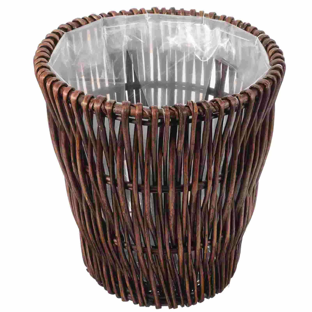 Vintage-style natural rattan wastebasket with golden highlights