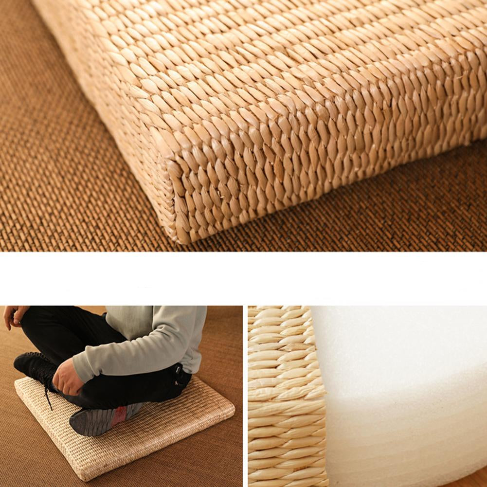 Square flat rattan pouf with a tight braid – multiple views
