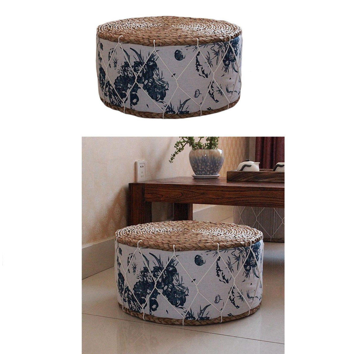 Round pouf with green botanical motifs woven on a white ground – multiple views