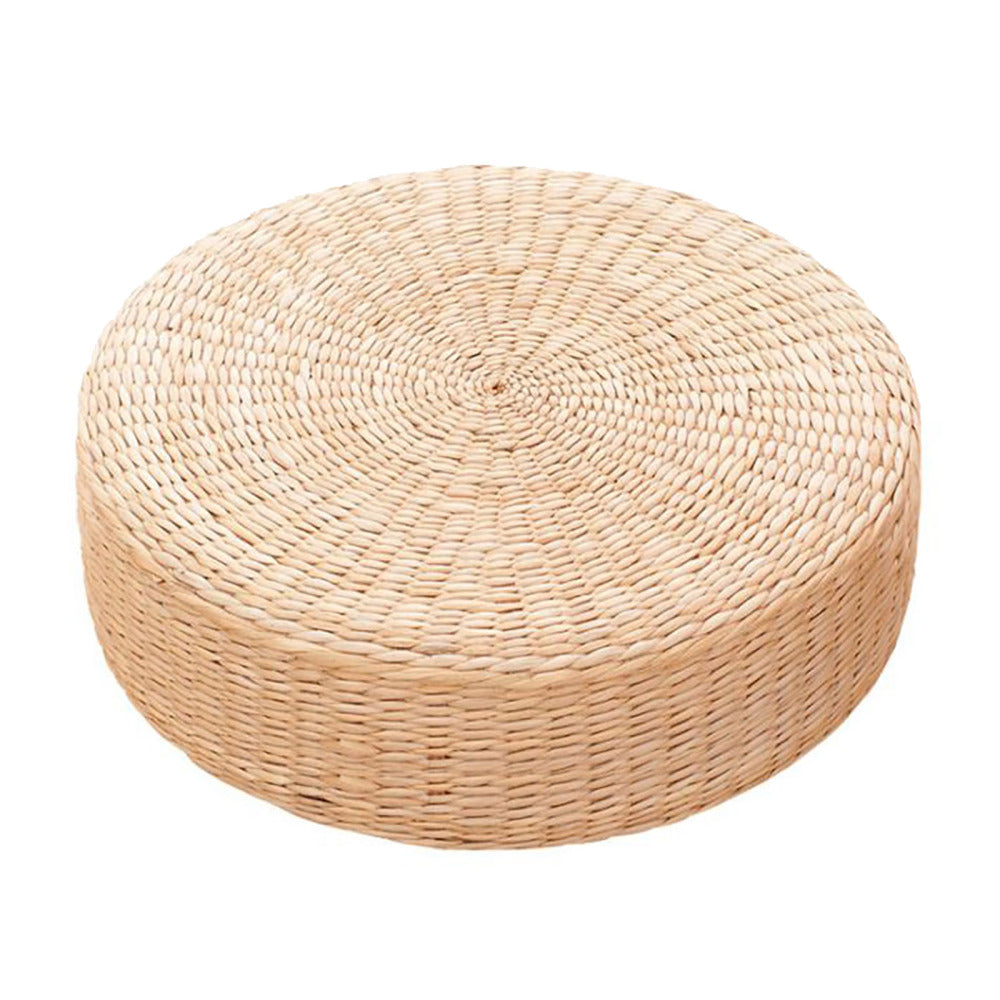 Round hand-braided natural rattan pouf