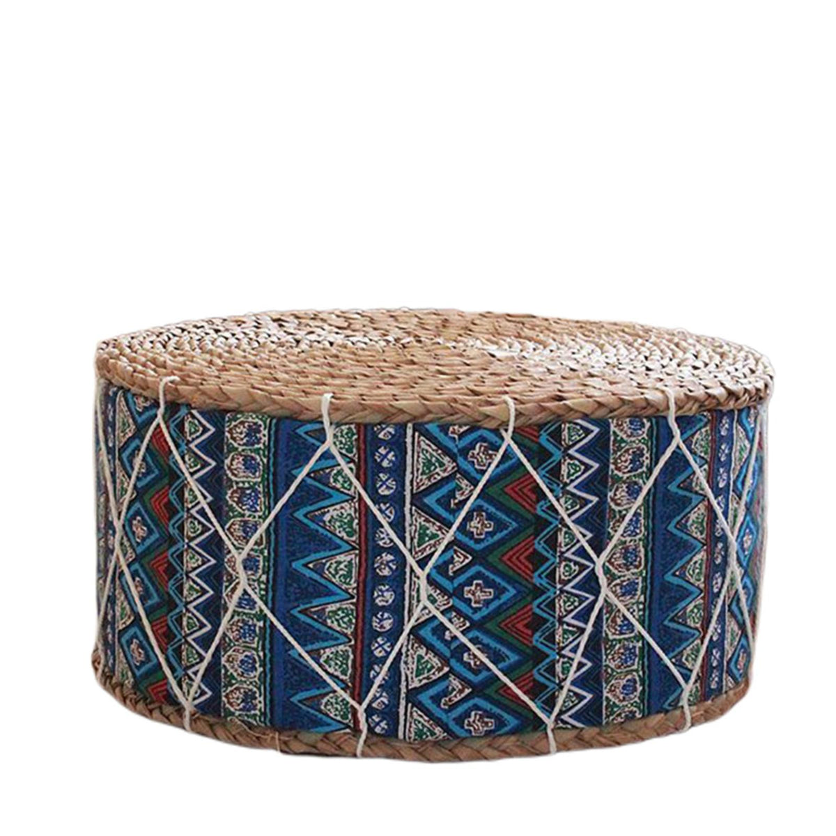 Round woven pouf with a blue-tone pattern