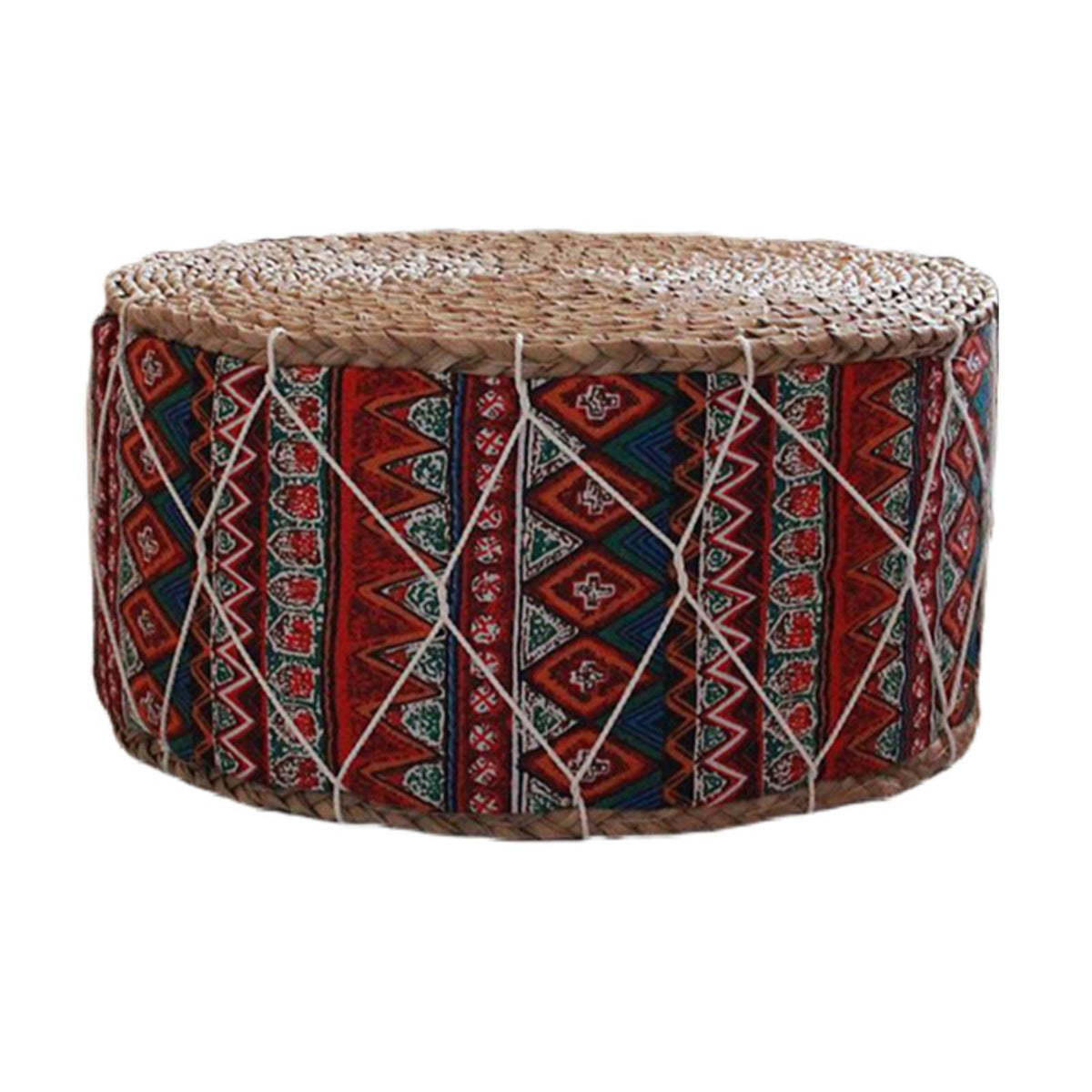 Rattan pouf with burgundy and blue geometric fabric