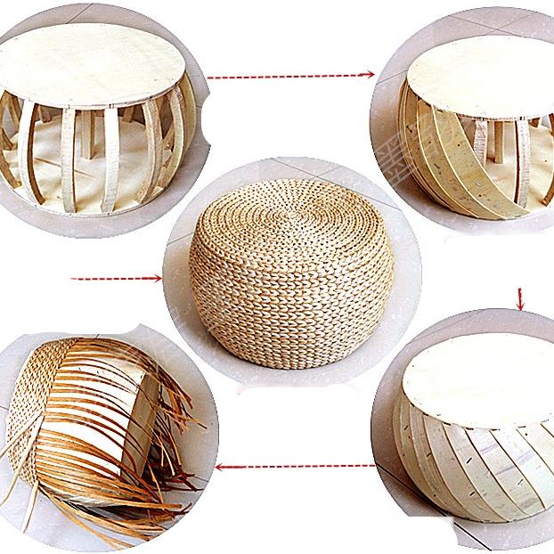 Round rattan footstool with a cushioned seat – multiple views