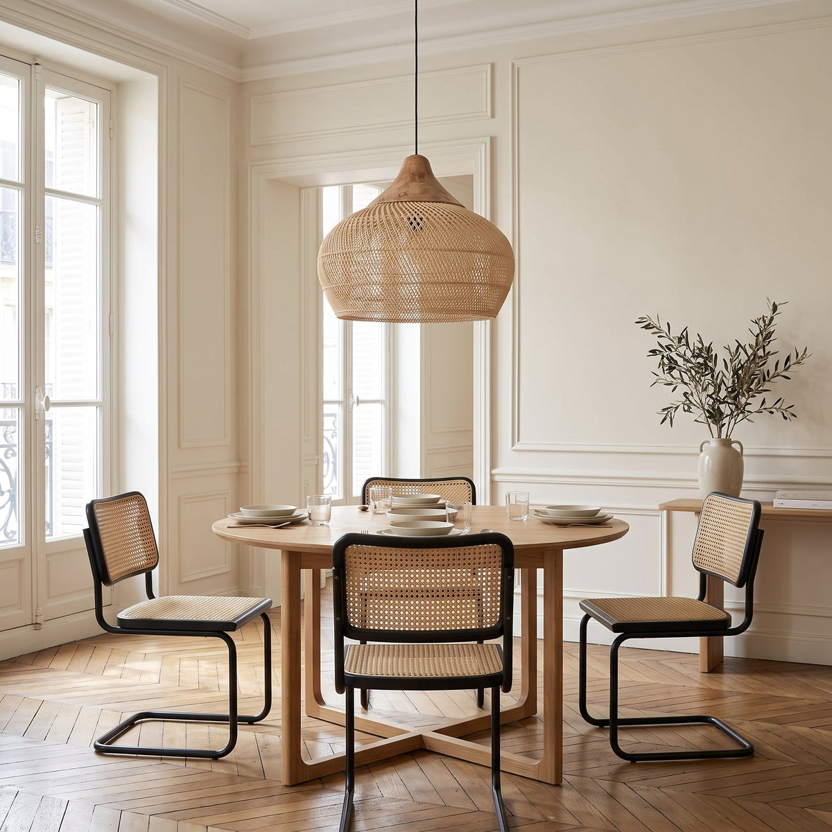 Rounded rattan pendant light with wood cap – shown in a room setting (3)
