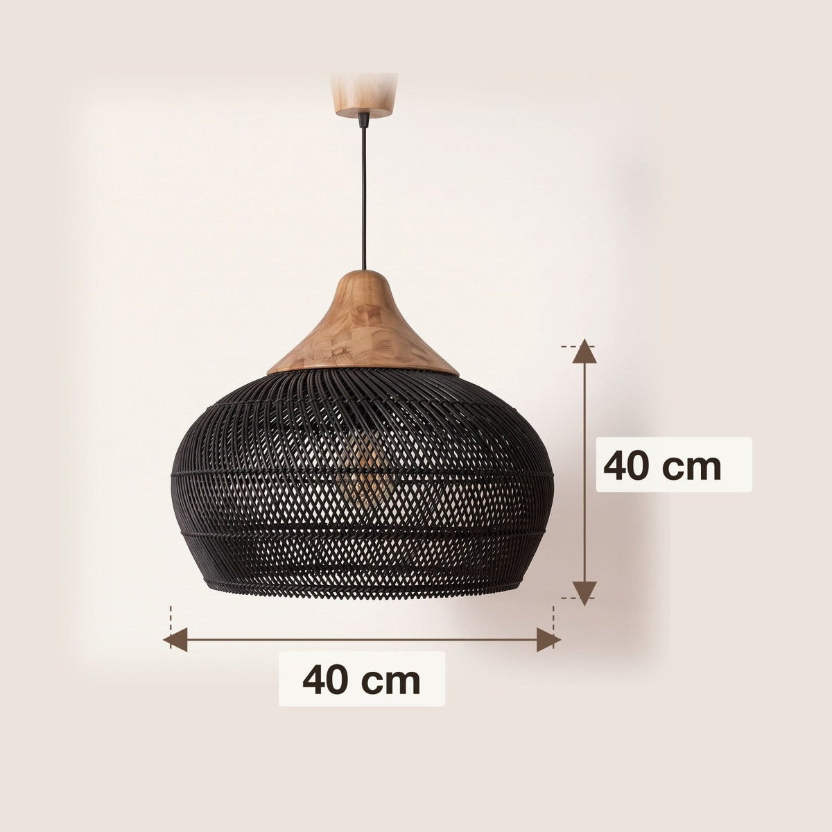 Black rattan pendant light with natural wood cap – dimensions diagram