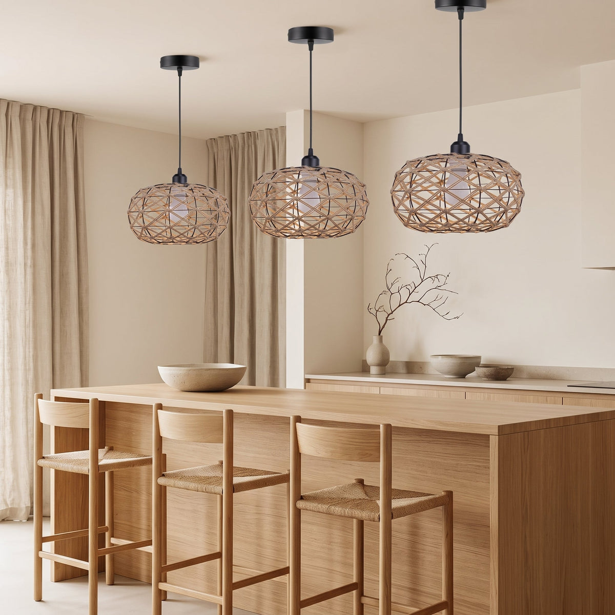 Openwork braided rope ball pendant light – shown in a room setting (3)