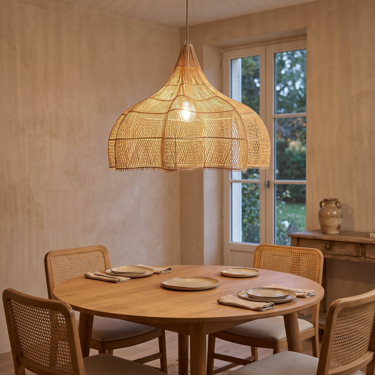 Large rattan pumpkin pendant light – shown in a room setting