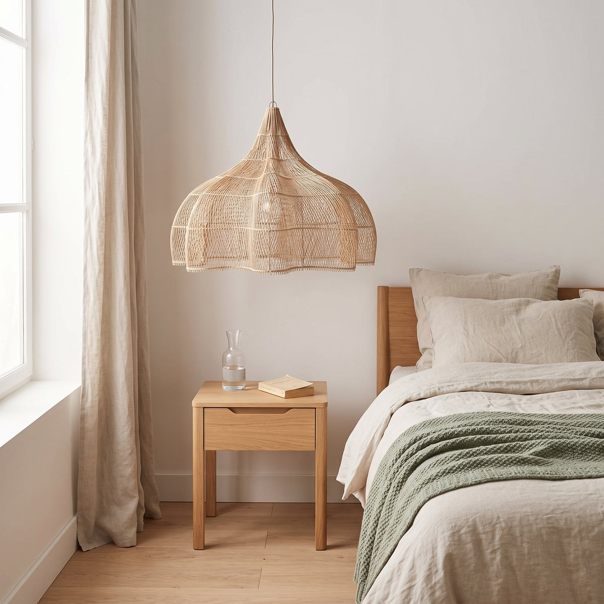 Large rattan pumpkin pendant light – shown in a room setting (4)