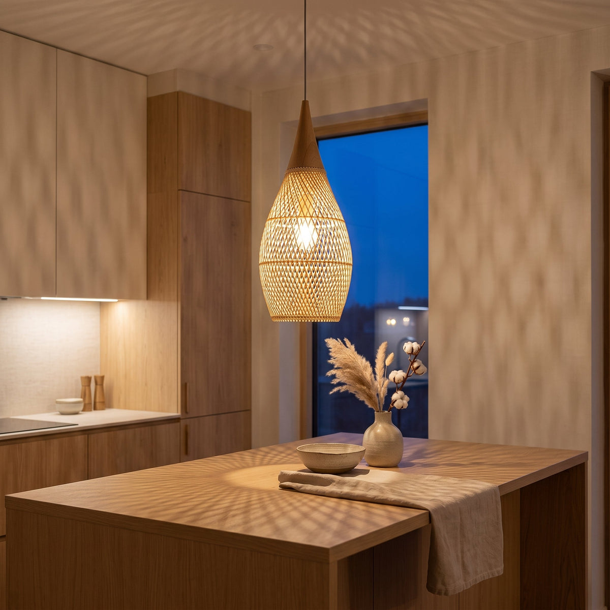 Tall rattan drop pendant light with wood cap – shown in a room setting