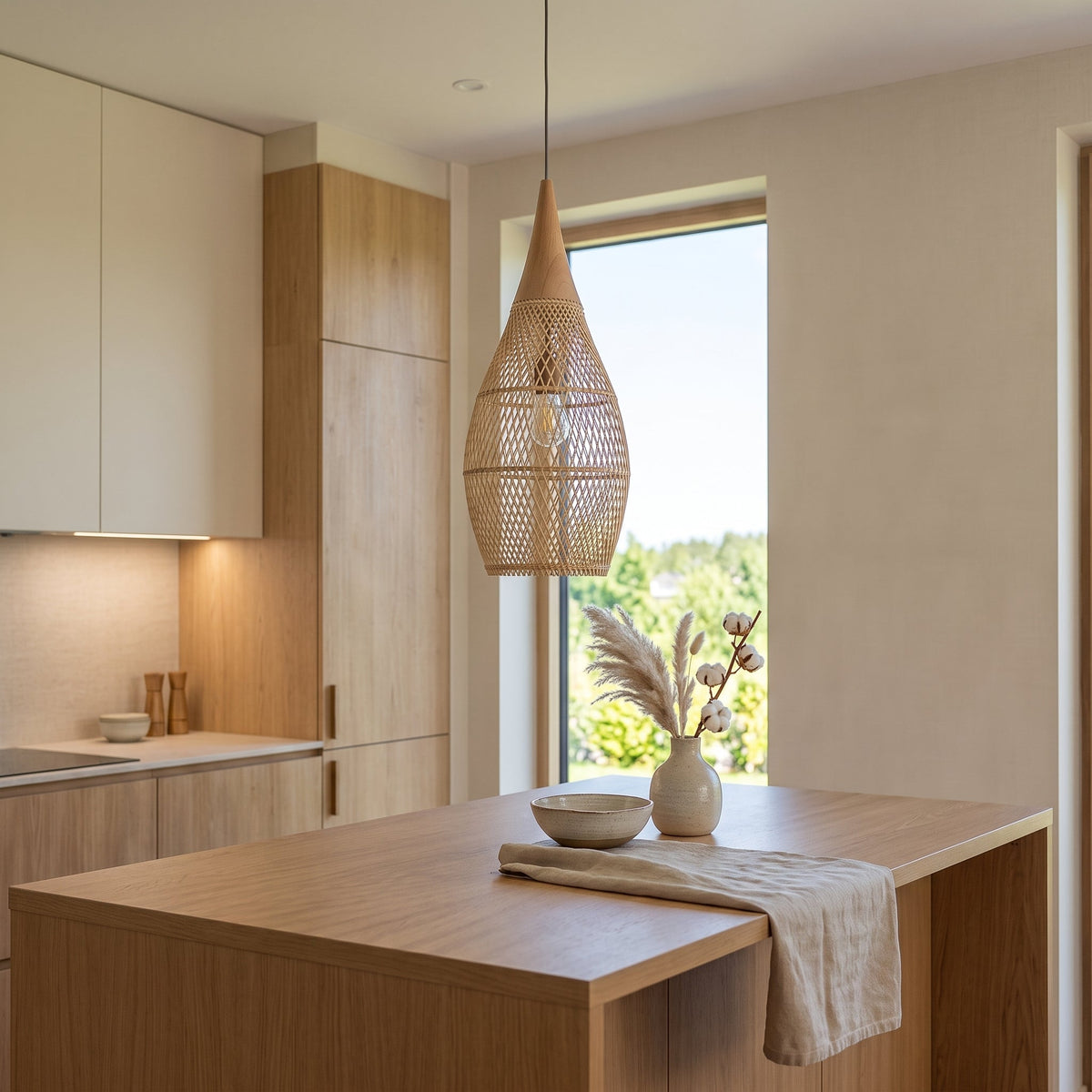 Tall rattan drop pendant light with wood cap – shown in a room setting (2)
