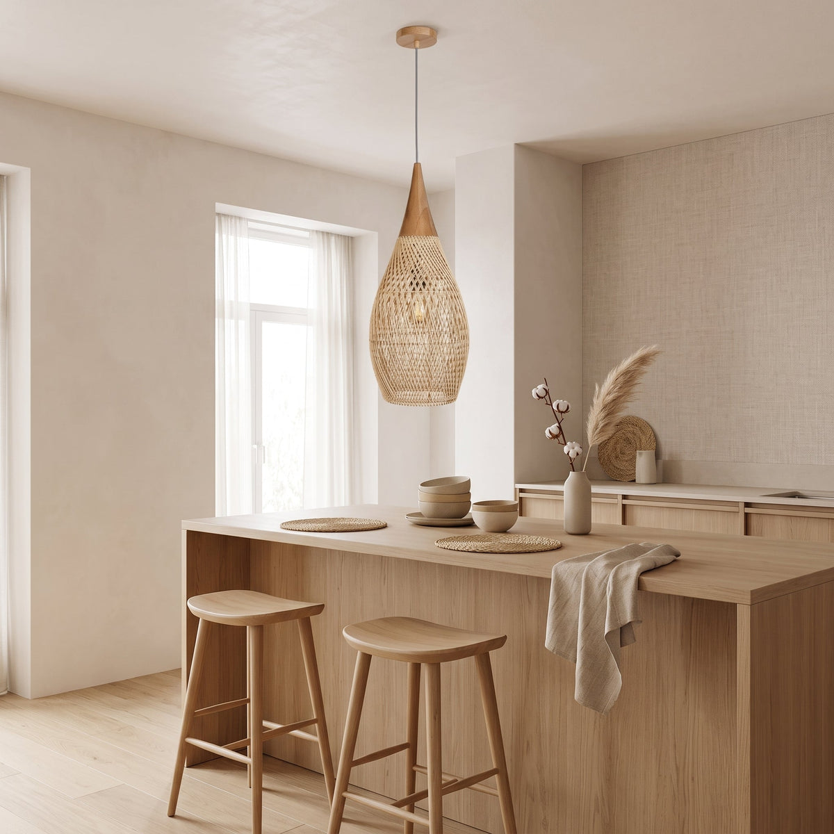 Tall rattan drop pendant light with wood cap – shown in a room setting (3)
