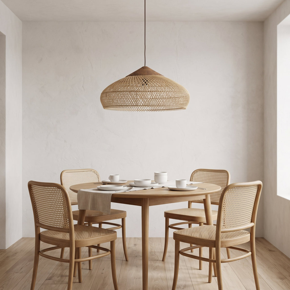 Low flared rattan pendant light with natural wood cap – shown in a room setting (2)