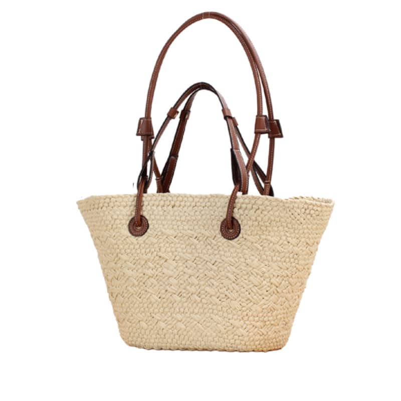 Handwoven straw handbag with two-tone brown handles – another view (2)