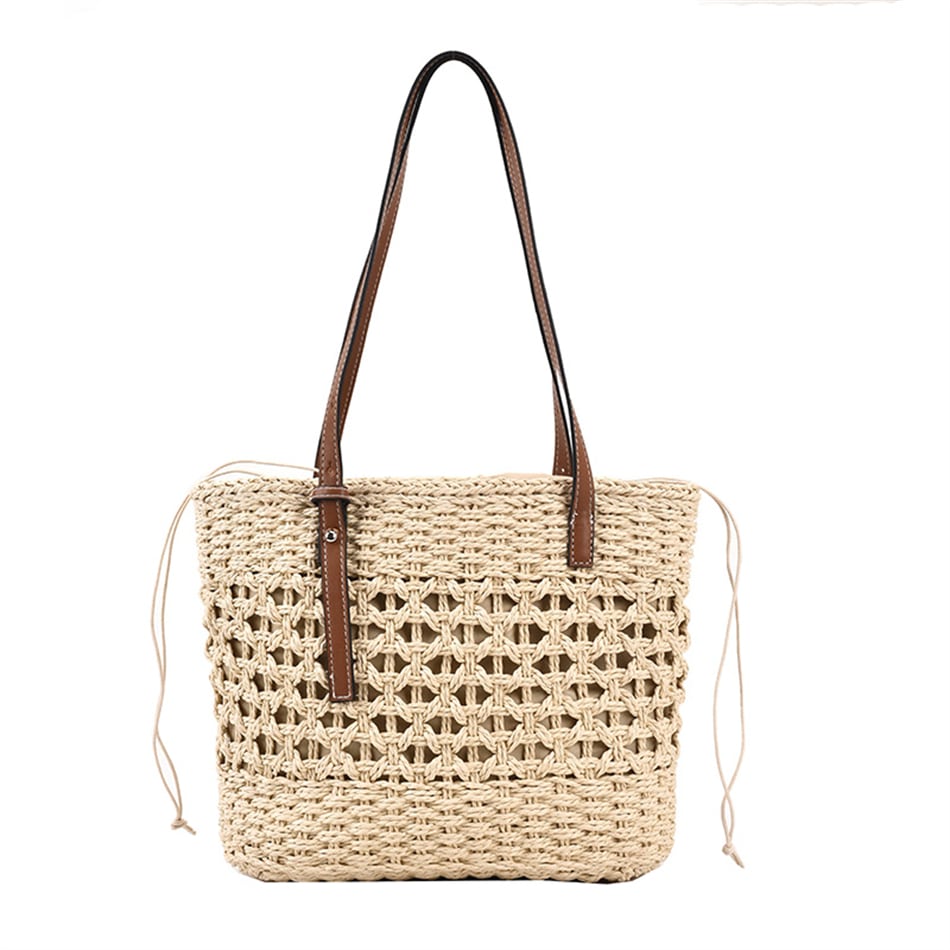 Beige golden straw beach handbag
