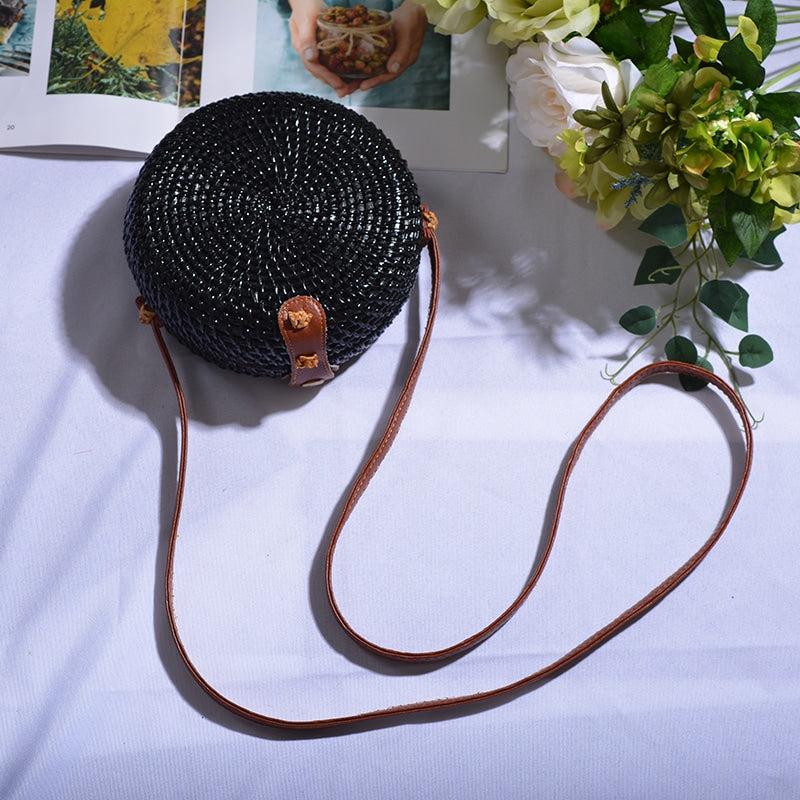 Round boho handwoven rattan handbag – black variant, another view