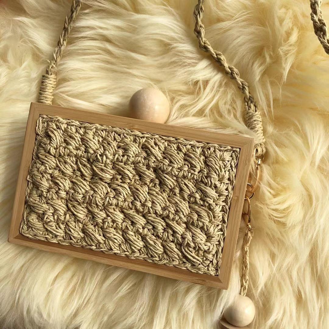 Vintage square rattan handbag – brown variant, another view
