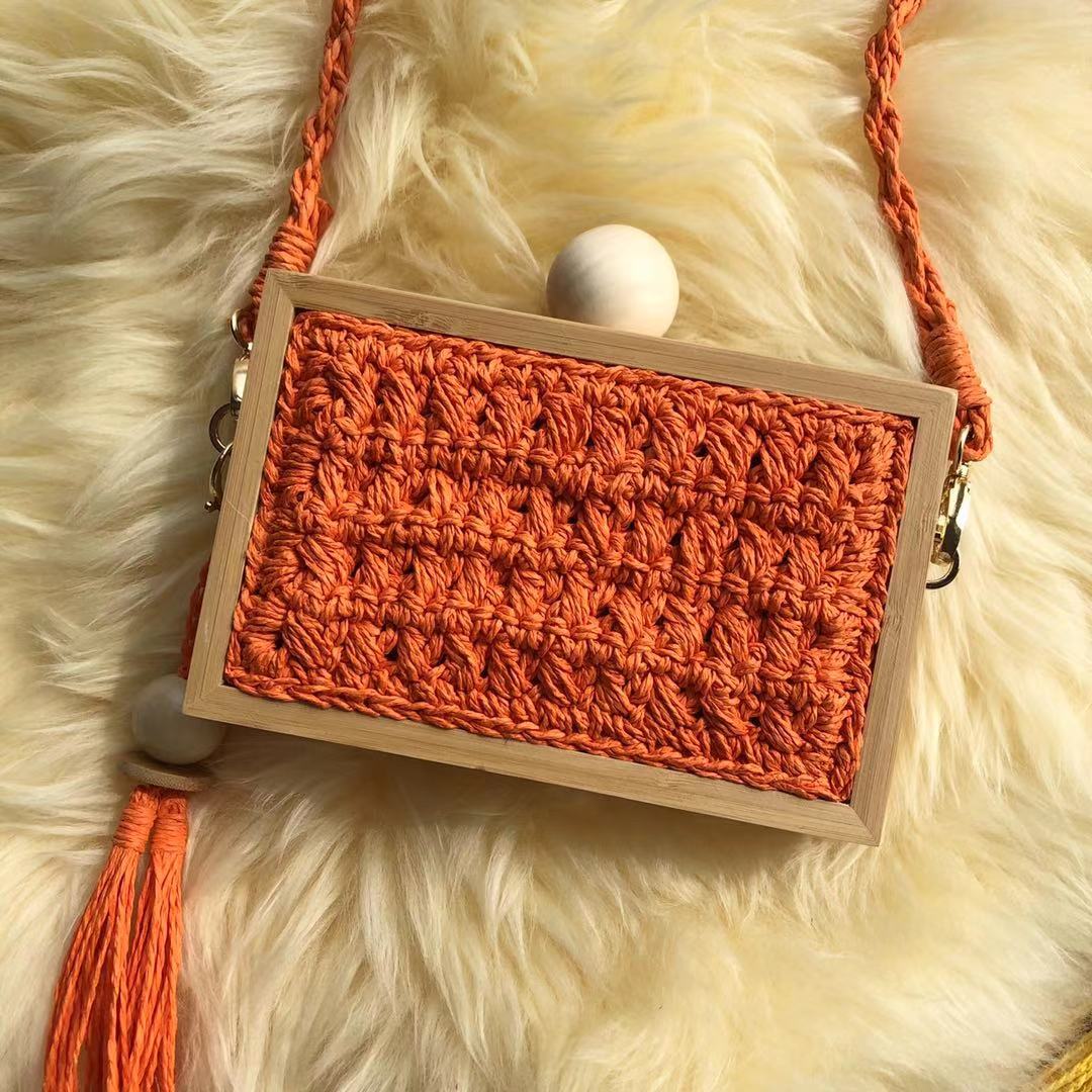 Vintage square rattan handbag – orange variant, another view