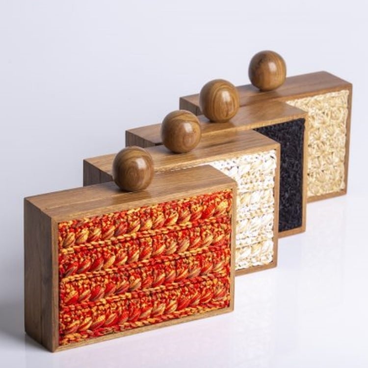 Vintage square rattan handbag – multiple views