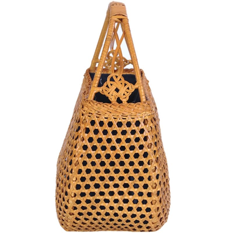 Honey rattan handbag with varnished wooden handles – another view