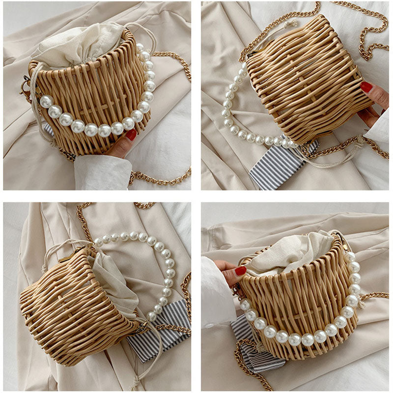 Round basket-shaped rattan handbag with a soft handle – multiple views
